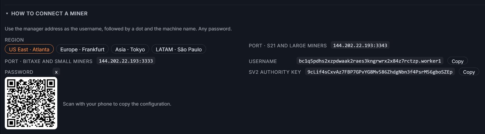 Como conectar um minerador: regiões, portas, username, chave SV2 e QR code
