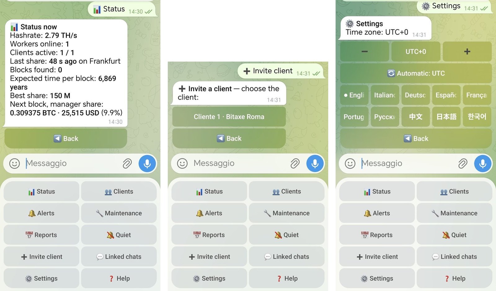 Bot do Telegram: Status da frota, Invite client e Settings com os 10 idiomas